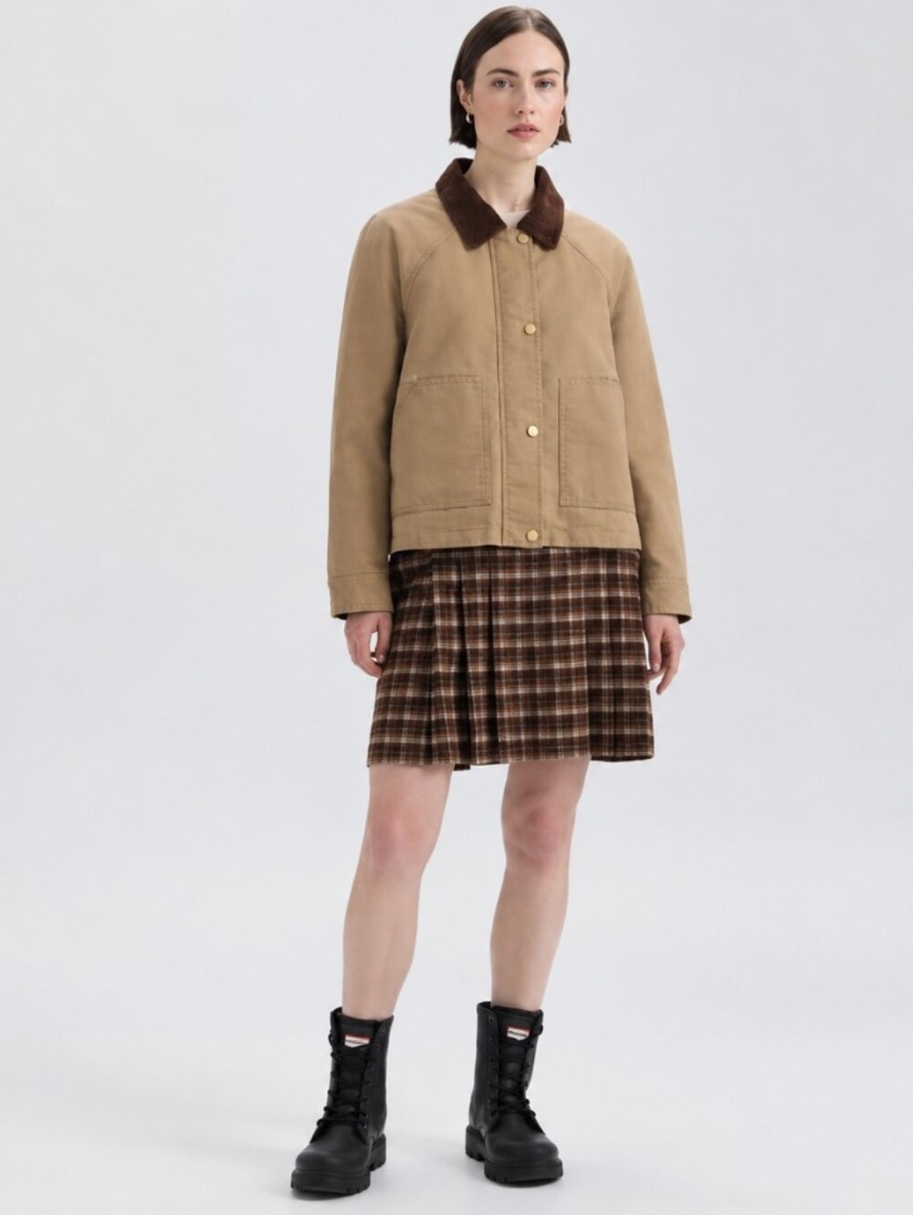 Hunter Barn Jacket Tan Canvas Corduroy Collar Boxy Oversized Women Sz M $149 NWT